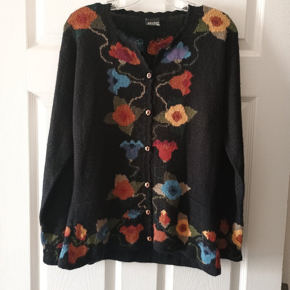 EUC Carmen's Made in Peru 100% Alpaca Button Up Floral Knit Cardigan Sweater